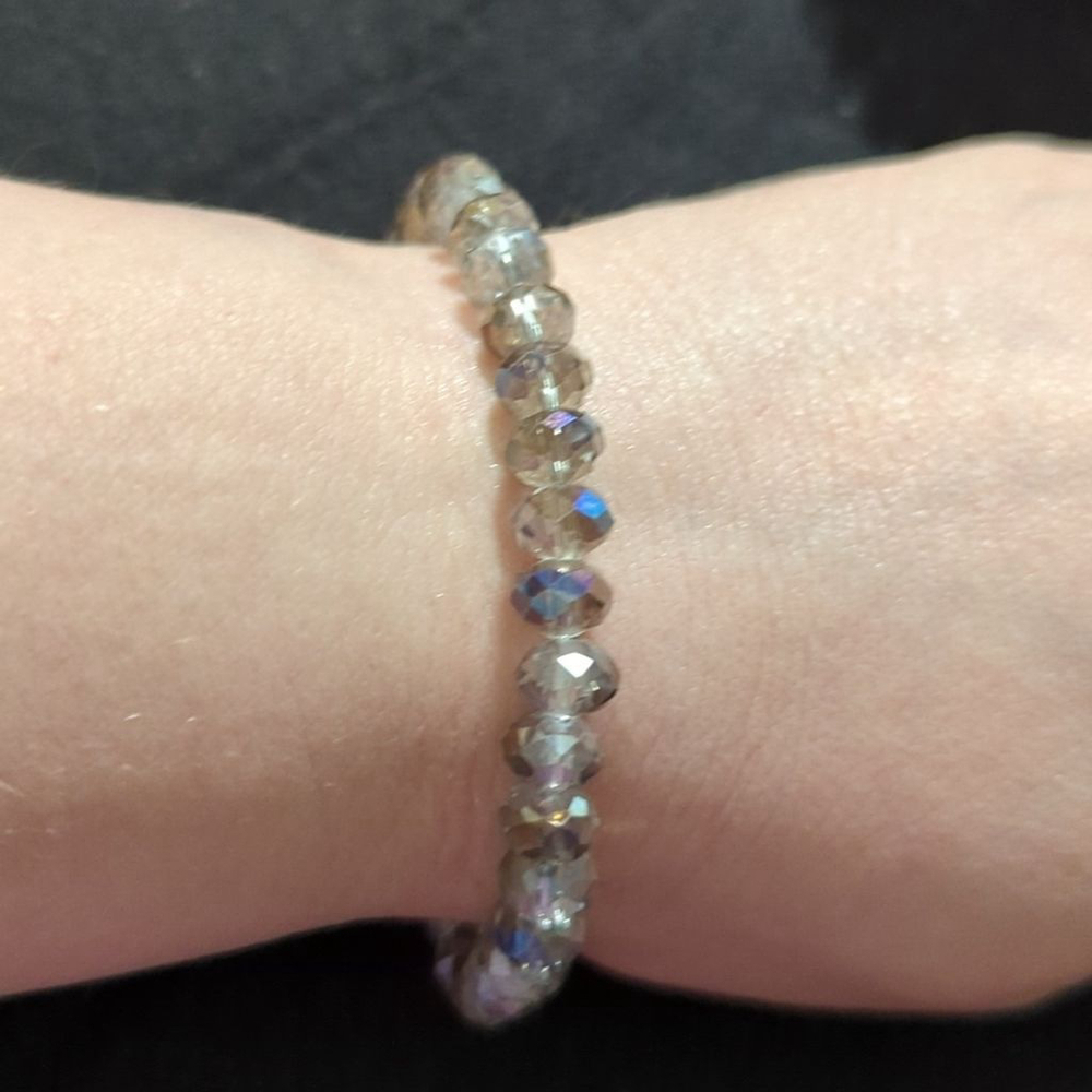 Clear and Silver Tone Faceted Crystal Beaded Stretchy Elastic Statement Bracelet